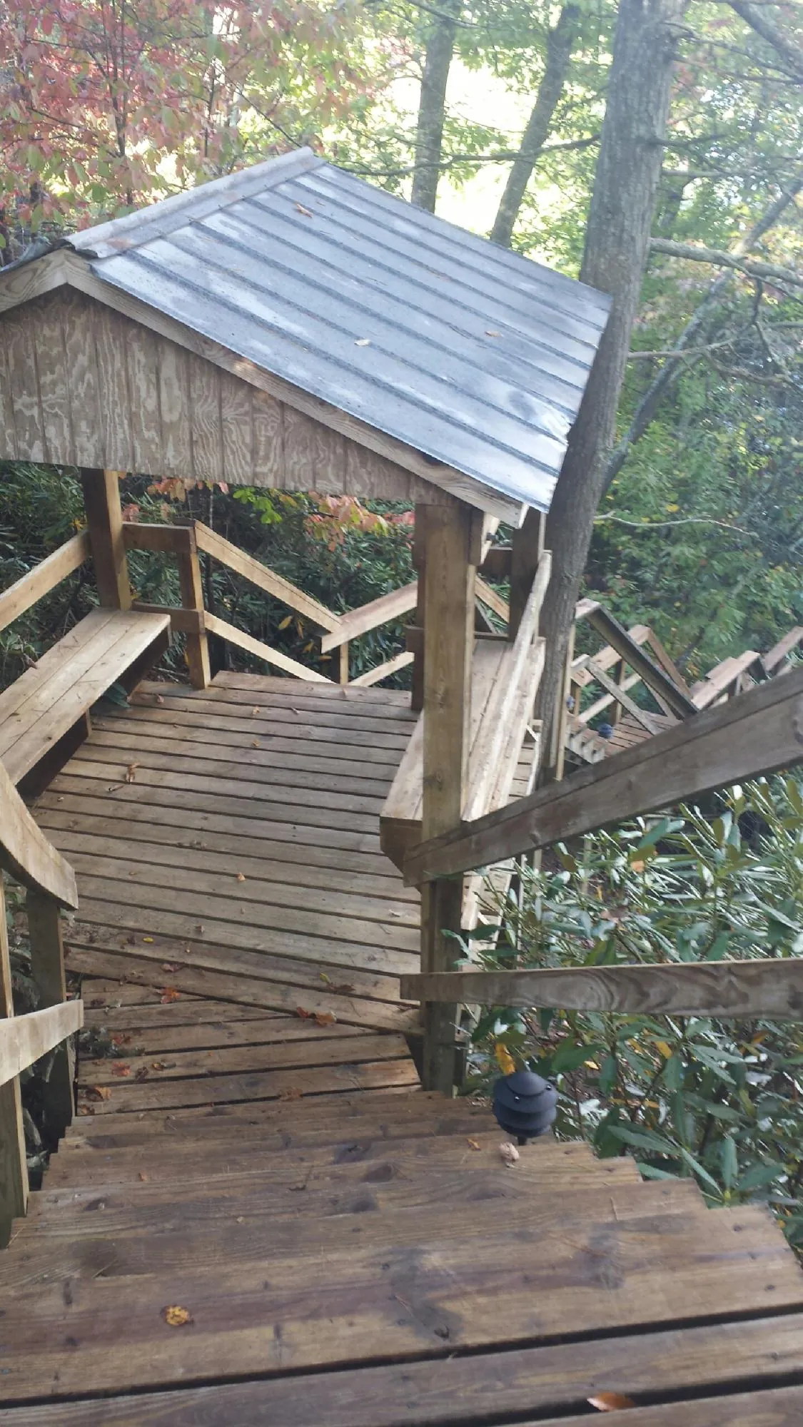 Metal roofed shelter over wooden steps on a wooded walkway — Skylight Repair & Installation work by our crew in Saint Petersburg